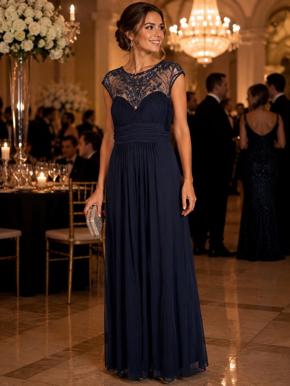 XSCAPE Navy Blue Embellished Beaded Gown Elegant Feminine Dress 14
